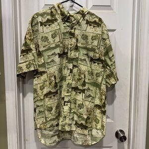 Casual Green and Cream Button Down Shirt with Tropical Print